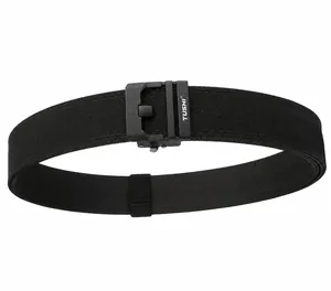 Detail view of black tactical nylon belt with matte buckle and textured weave pattern