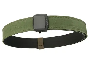 Close-up of army green tactical nylon belt with durable black TUSHI buckle