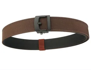 Close-up of double-stitched nylon tactical belt with matte black buckle in brown color