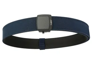 Detail of navy blue nylon tactical belt with a durable black automatic buckle and logo