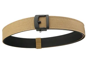 Detail of double-layer thickened khaki nylon tactical belt with matte black metal buckle