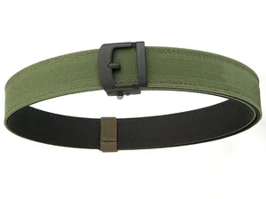 Detail of army green nylon tactical belt with matte black buckle and reinforced stitching