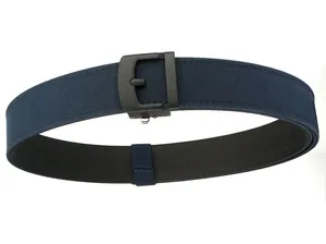 Macro shot of double-layer thickened navy blue nylon tactical belt with matte black buckle