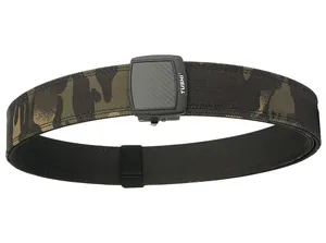 Detailed view of the tactical nylon belt showing jungle camouflage and carbon fiber buckle