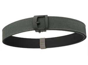 Detail of double-layer thickened nylon tactical belt with matte black buckle and reinforced stitching