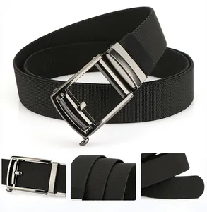 Detailed macro view of black elastic nylon belt with gray automatic metal buckle structure