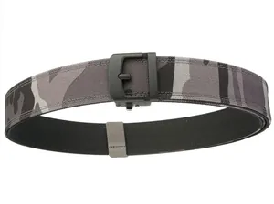 Detail of urban camo nylon tactical belt featuring a matte black adjustable buckle