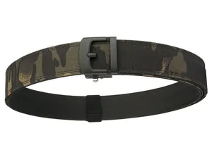 Close-up of double-layer tactical belt with jungle camouflage nylon and matte buckle
