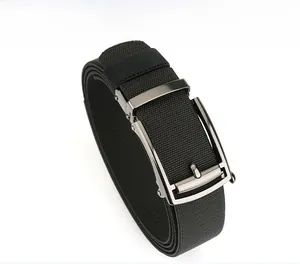 Detail of black elastic woven belt featuring a matte alloy automatic buckle