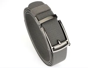 Close-up of grey elastic braided belt with gunmetal automatic buckle for men