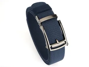 Detail of navy blue elastic woven belt with sleek gunmetal automatic buckle for men
