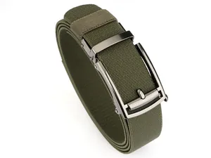 Detailed close-up of army green nylon woven belt with gunmetal automatic metal buckle