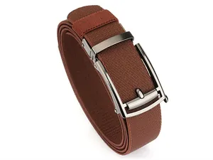 Close-up of brown stretch nylon woven belt with a grey metal automatic sliding buckle