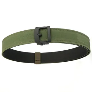 Double-layered olive green tactical nylon belt with black automatic buckle for outdoor use