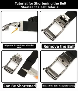 Guide showing how to cut and adjust the length of the black nylon automatic buckle belt