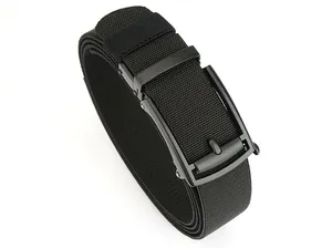 Close-up of black braided nylon belt with matte black automatic metal buckle detail