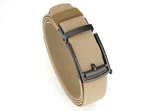 Close-up of khaki nylon woven belt with matte black automatic buckle for casual wear