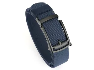 Detail of navy blue elastic woven belt featuring a matte black automatic buckle strap