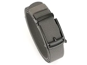 Detail of grey woven nylon belt texture with matte black metal buckle on white background