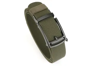 Close-up of military green nylon web belt with a matte black automatic metal buckle