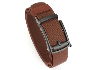 Detailed close-up of brown elastic braided belt with matte black metal pin buckle