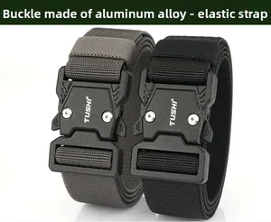 Detail of aluminum alloy quick-release buckle and elastic woven belt for tactical use
