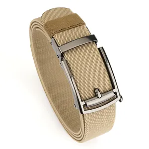 Elastic khaki nylon belt with a sleek metallic automatic buckle for men's casual outdoor wear