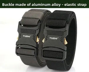 Detail of alloy quick-release buckles on black and grey tactical nylon elastic belts