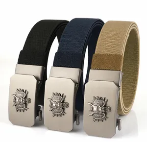 Nylon stretch belts in black, navy and khaki with embossed dragon metal buckles