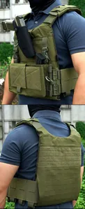 Detail of military green tactical vest with MOLLE system and quick-release buckle