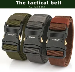 Three tactical nylon belts with alloy quick-release buckles in green, grey, and brown