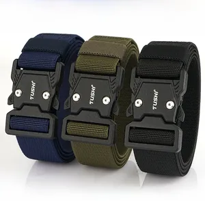 Detail showing tactical nylon belts with quick-release metal buckles in three colors