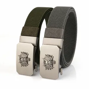 Detail of zinc alloy automatic buckle with dragon relief on elastic woven belt