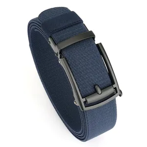 Men's navy blue elastic woven belt with sleek matte black alloy automatic buckle