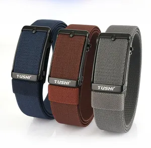 Detailed view of elastic woven belts with zinc alloy automatic buckles in three colors