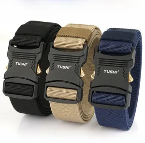 Three tactical nylon belts with quick-release alloy buckles in black, khaki, and navy blue