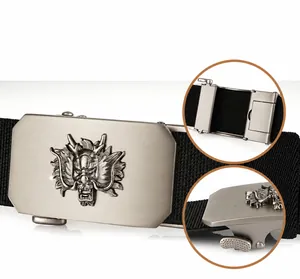 Detail showing the metal automatic buckle with dragon relief and black woven strap