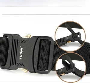 Detail of quick release alloy buckle on tactical nylon belt with open lever mechanism