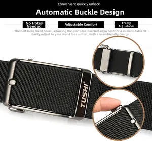 Detail view of charcoal grey metal automatic buckle on a black woven stretch belt