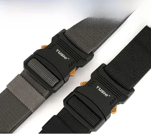 Detailed close-up of quick-release alloy buckle and tactical nylon webbing belt texture