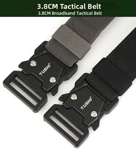 Detail of 3.8cm tactical stretch belts with quick-release metal buckles in black and grey