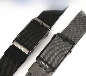 Close-up of elastic woven nylon belts with matte alloy buckles in black and dark grey