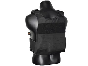 Macro shot of waterproof black MOLLE tactical vest with laser-cut straps and velcro area