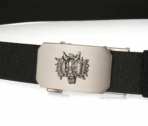 Detail of ergonomic zinc alloy belt buckle featuring a 3D dragon relief and quick release