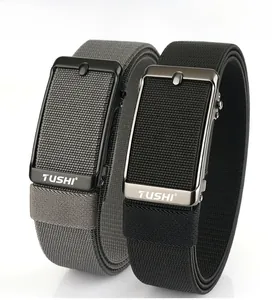 Close-up of 3.8cm elastic woven belts in black and grey with metal automatic buckles