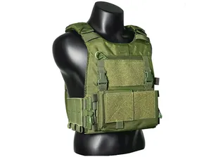 Detail view of military green tactical vest with MOLLE system and magazine pouches