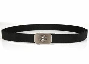 Detail of silver automatic buckle with dragon relief on black elastic woven belt