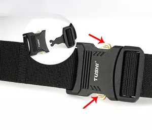 Detail of black tactical nylon belt with quick release alloy buckle and gold release button