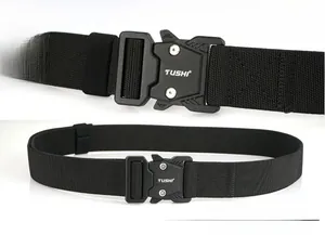 Tactical nylon belt detail with heavy duty quick release metal buckle and logo engraving