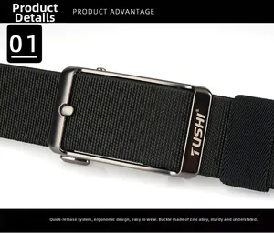 Detail view of the zinc alloy quick-release buckle on a black elastic woven belt